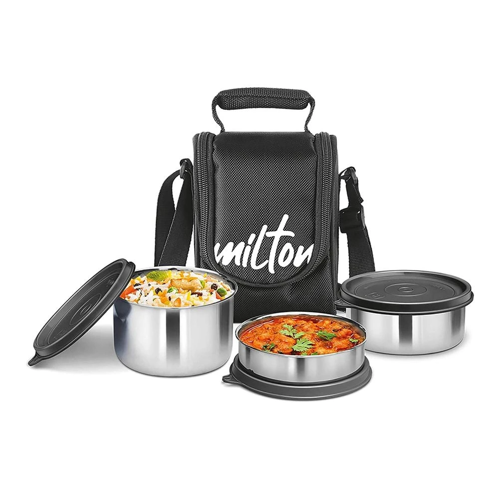 Milton Tasty 3 Stainless Steel Containers with Lunch Bag, Black