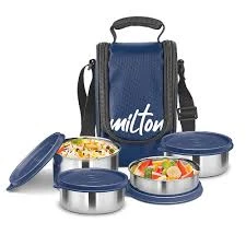 Daily Bites 4-Compartment Steel Lunch Set with Insulated Blue Carry Bag