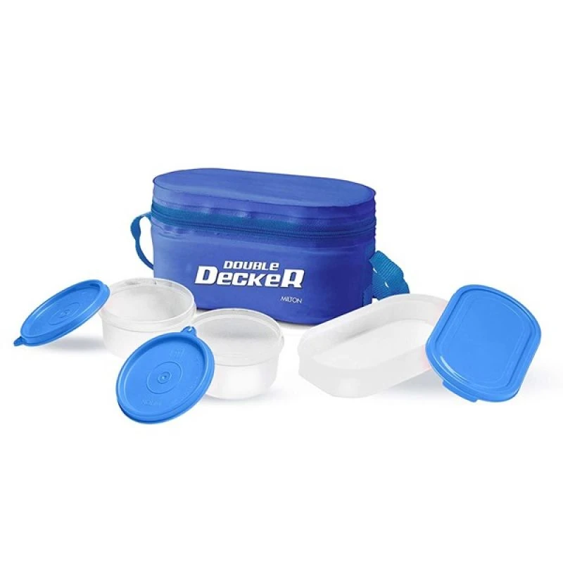 Milton Plastic Double Decker Lunch Box, (2 round Container, 280ml each; 1 Oval C