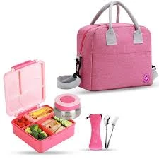 Jumbo Bento Lunch Box w/ Pink Lunch Bag , Food Jar and Cutlery - Pink