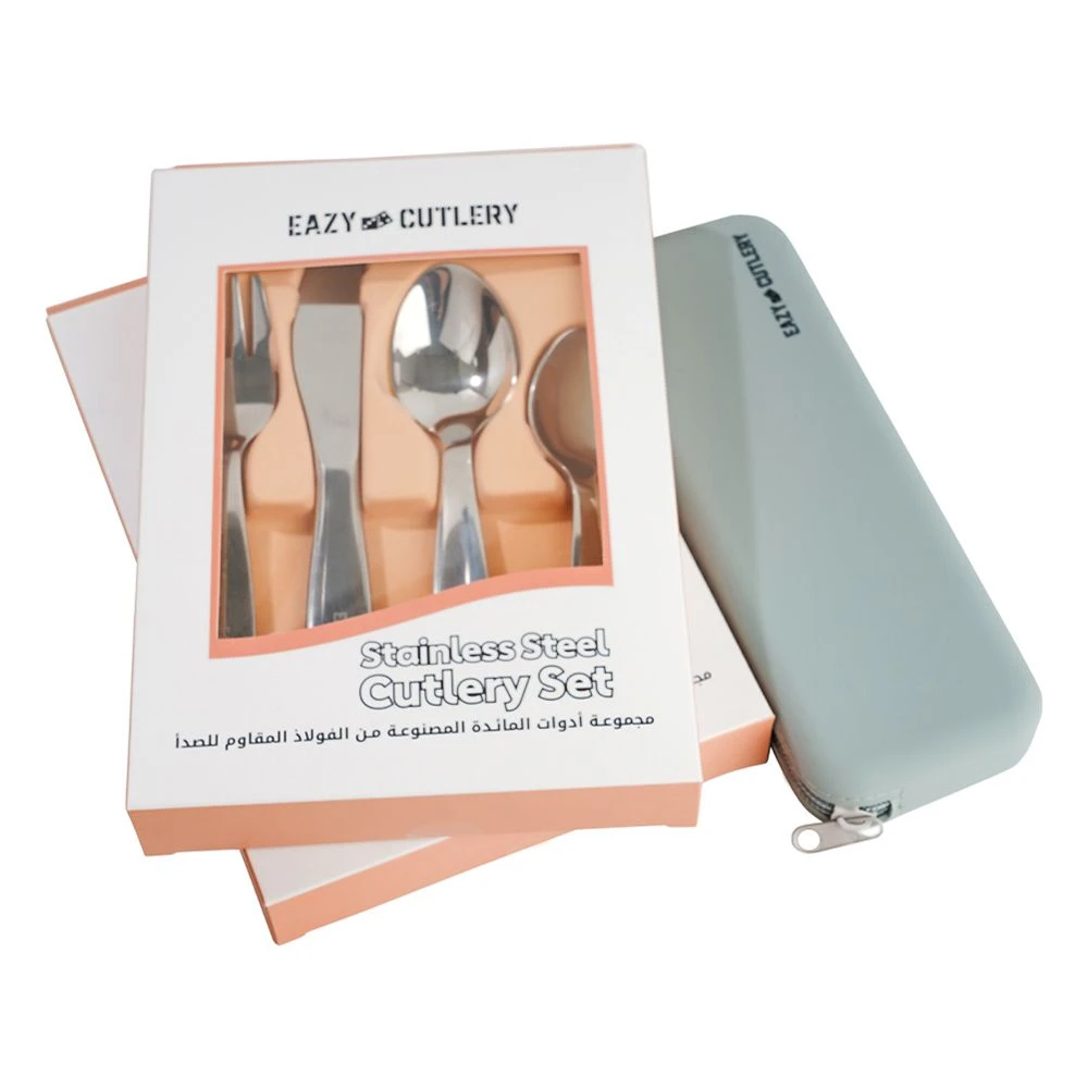 Kids Set of 4 Cutlery (Spoon, Fork, Knife & Tea Spoon) w/ Silicon Pouch – Gray