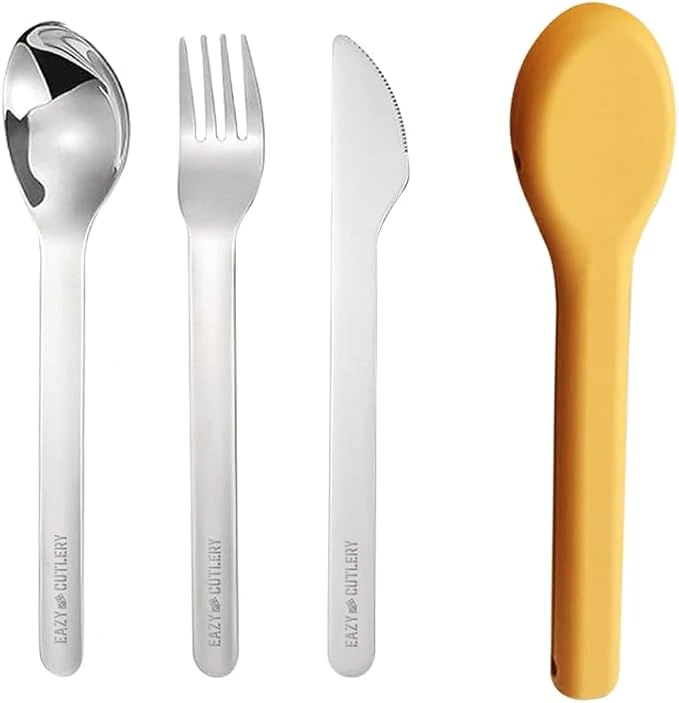 Eazy Kids Cutlery Set - Stainless Steel Spoon, Fork & Knife with Silicone Case