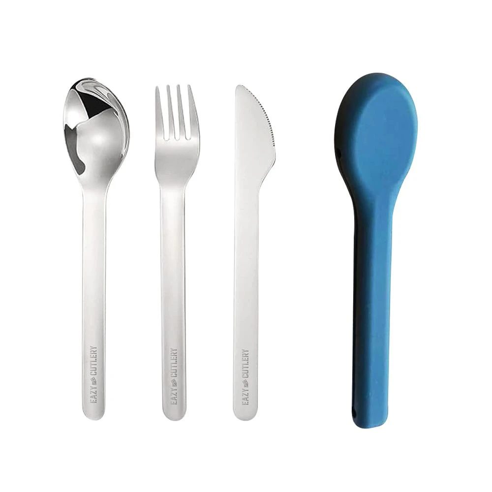 Kids Cutlery Set - Stainless Steel Spoon, Fork & Knife with Silicone Case (blue)