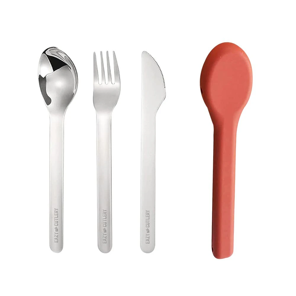 Kids Cutlery Set - Stainless Steel Spoon, Fork & Knife with Silicone Case (pink)