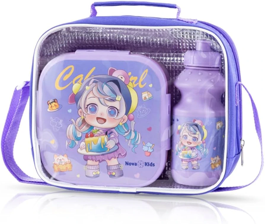 Kids Lunch Box and Water Bottle With Lunch Bag - Cute Kids Purple