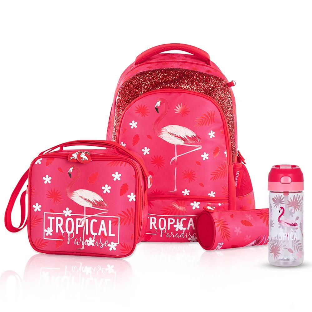 Set of 4 School Bag with Tritan 420ml Water Bottle, Lunch Bag