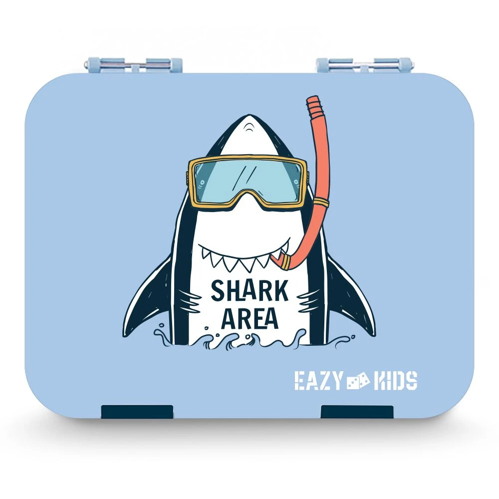 Kids 4 Compartment Bento Lunch Box w / Lunch Bag and Steel Food Jar Shark - blue