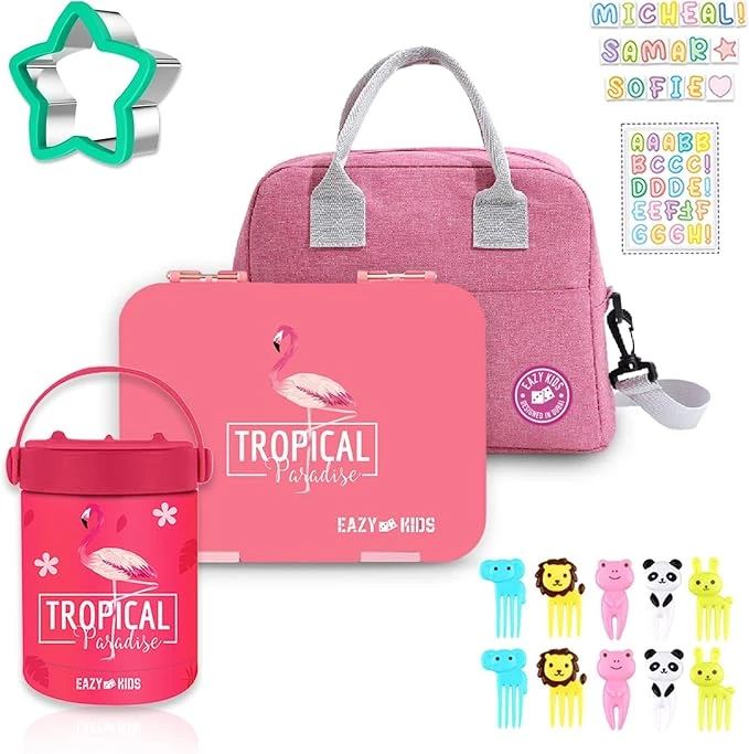 Kids 6 / 4 Compartment Bento Lunch Box w / Lunch Bag and Steel Food Jar Tropical