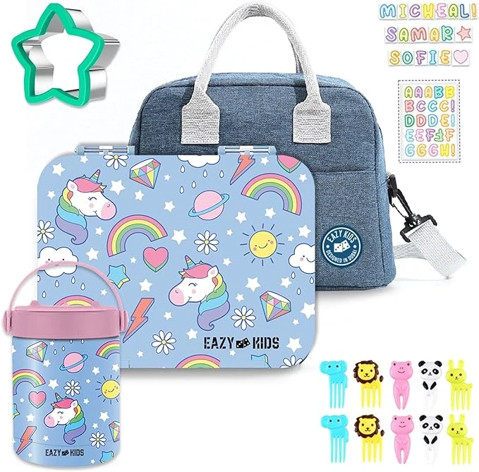 Kids 4 Compartment Bento Lunch Box w / Lunch Bag and Steel Food Jar Unicorn blue