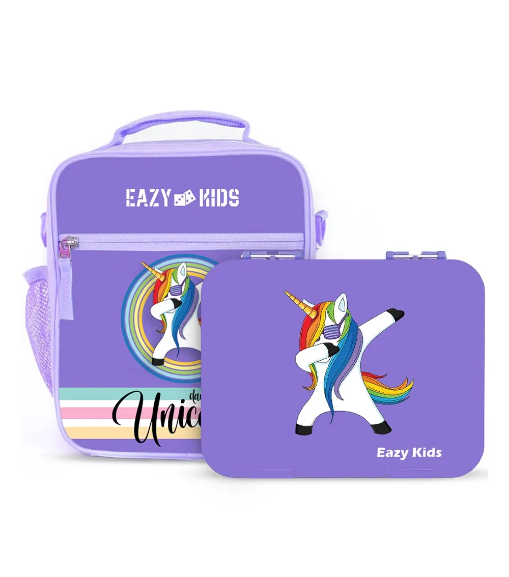 Kids Unicorn Purple 6 Compartment Bento Lunch Box w / Lunch Bag - Blue