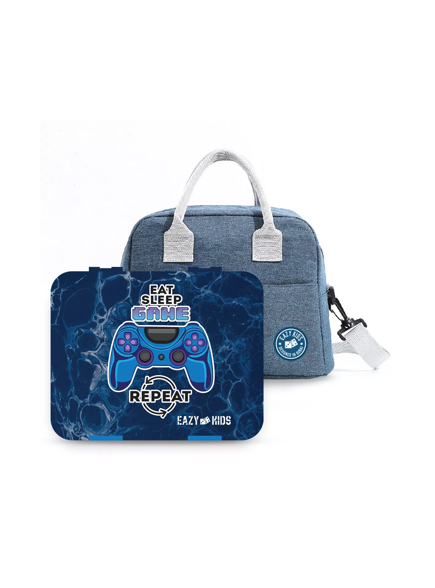 Kids Eat Sleep Game Repeat 5 Compartment Bento Lunch Box w / Lunch Bag - Blue