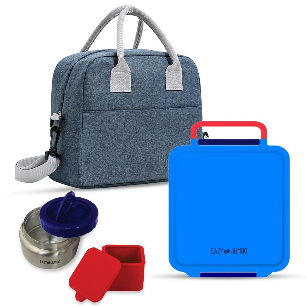 Jumbo Bento Lunch Box w/ Lunch Bag and Thermos & Dip Jar- Blue