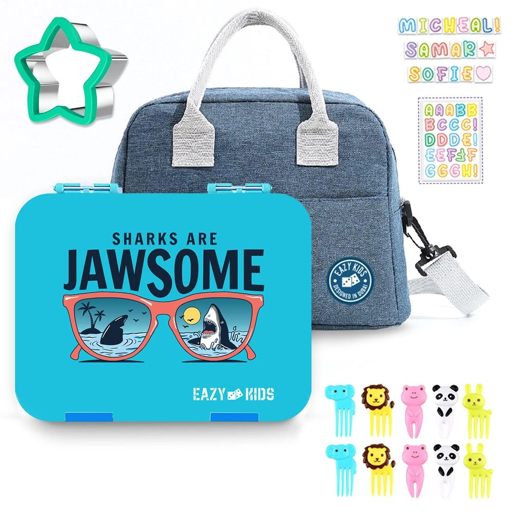 Kids Jawsome 6 / 4 Compartment Bento Lunch Box w / Lunch Bag - Blue