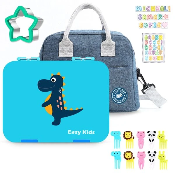Kids Dinosaur 6 / 4 Compartment Bento Lunch Box w / Lunch Bag - Blue
