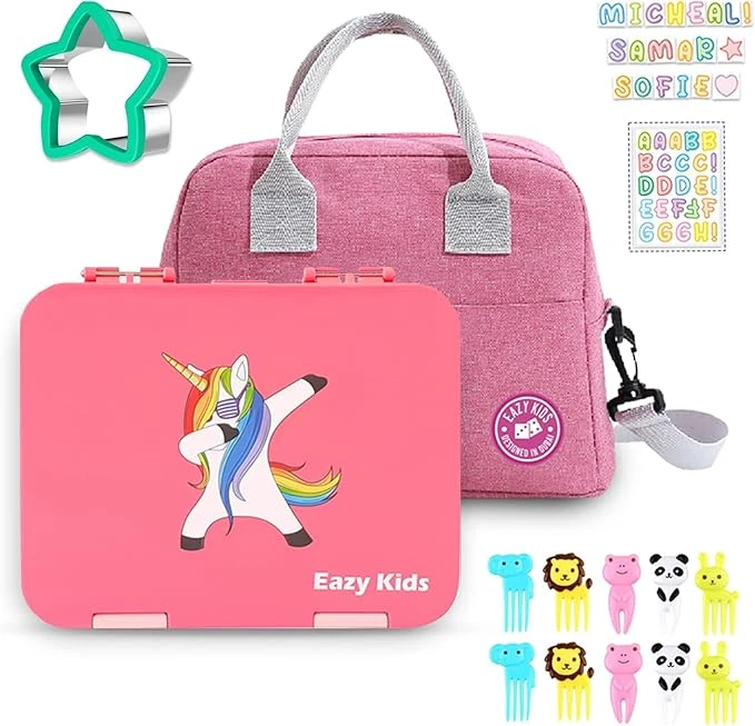 Eazy Kids Unicorn 6 / 4 Compartment Bento Lunch Box w / Lunch Bag - Pink