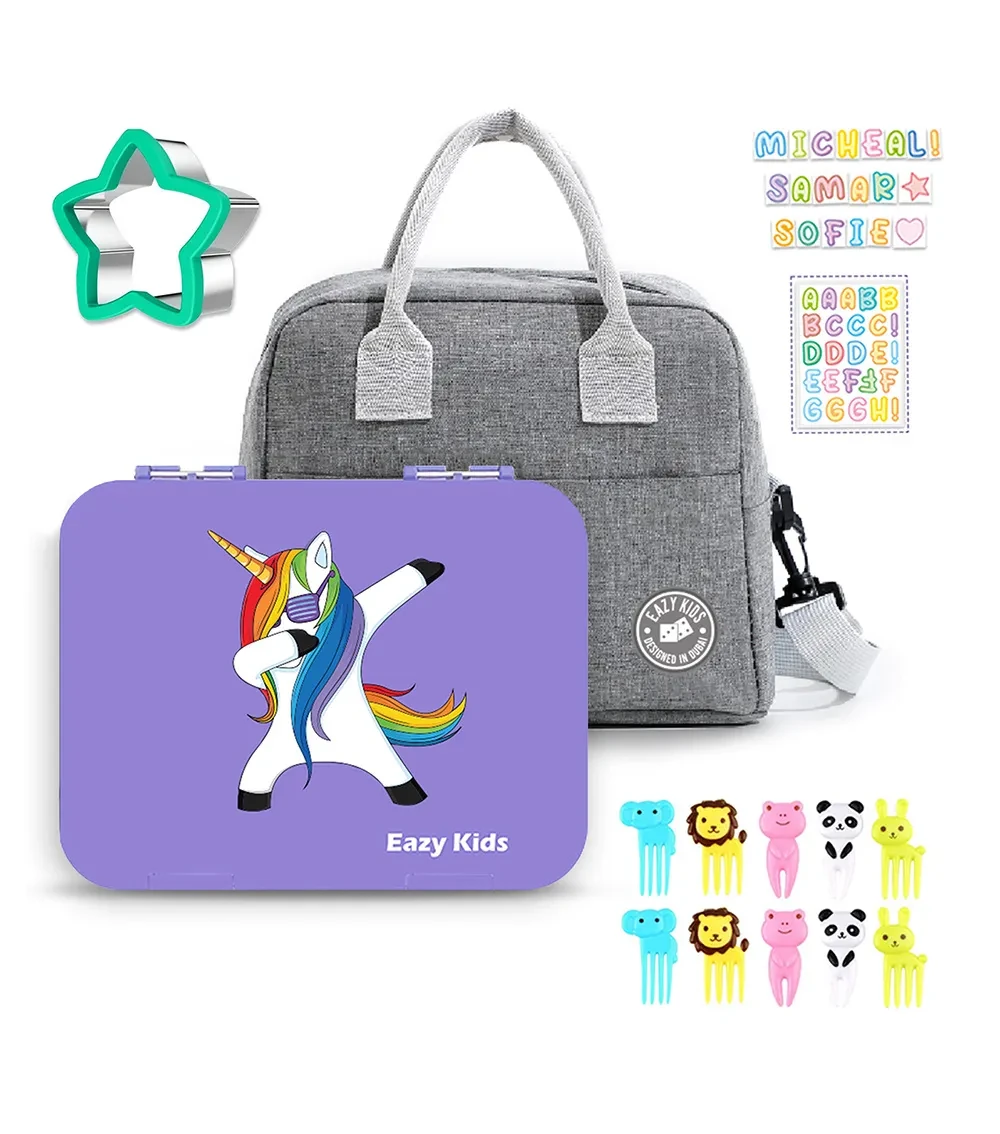 Kids Unicorn Purple 6 Compartment Bento Lunch Box w / Lunch Bag - Grey