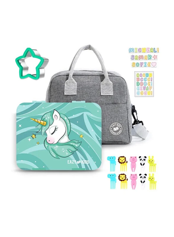 Kids Unicorn Green 6 / 4 Compartment Bento Lunch Box w / Lunch Bag - Grey
