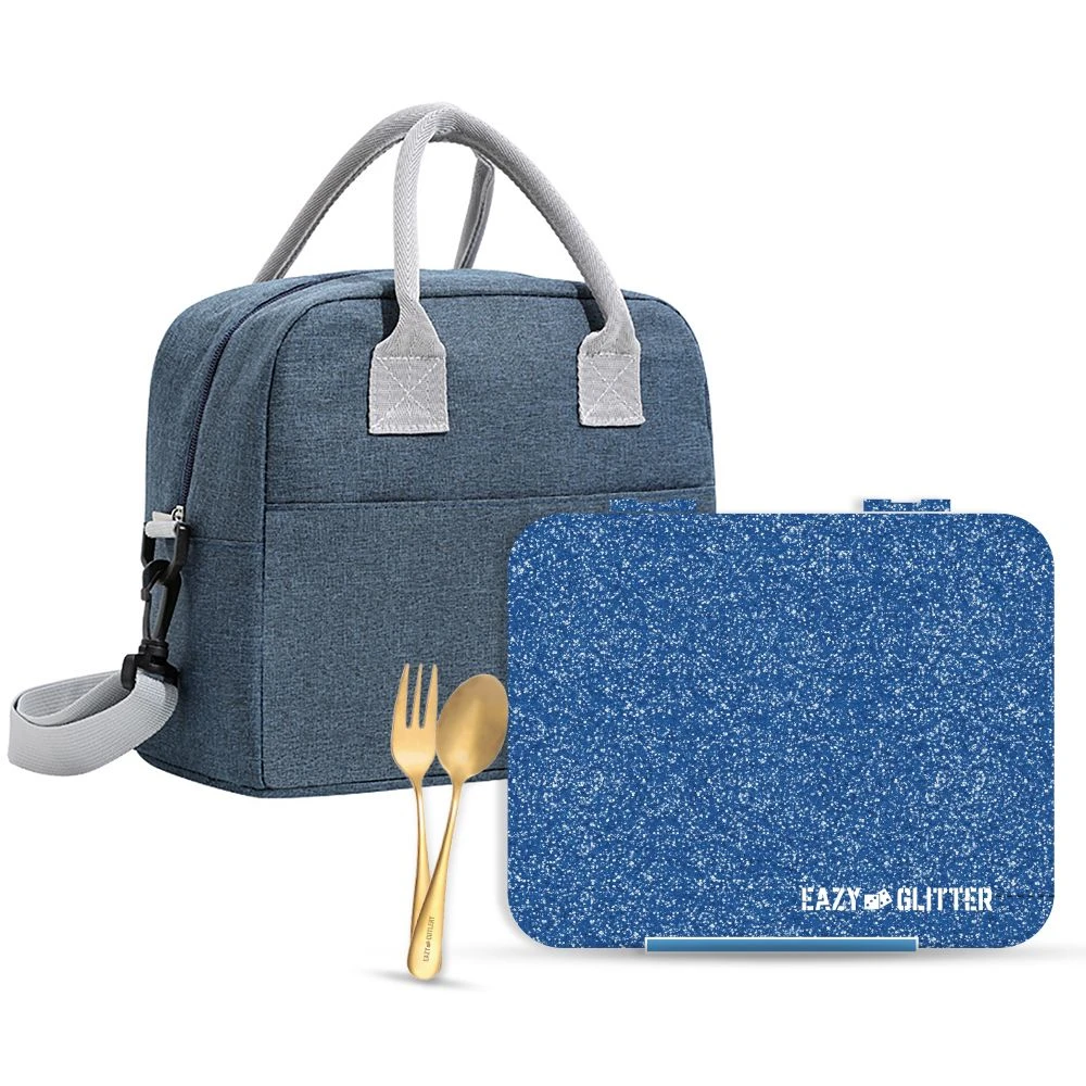 6 & 4 Convertible Bento Lunch Box w/ Lunch Bag and Spoon Fork Set - Gl