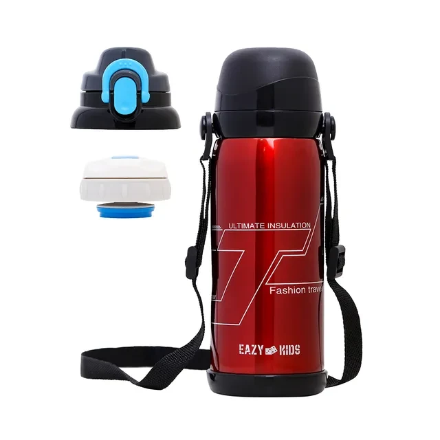 Double Wall Insulated School Water Bottle with Strap - Red, 800ml