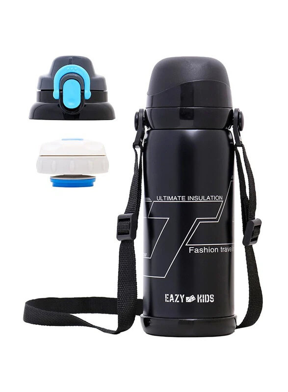 Double Wall Insulated School Water Bottle with Strap - Black 800ml