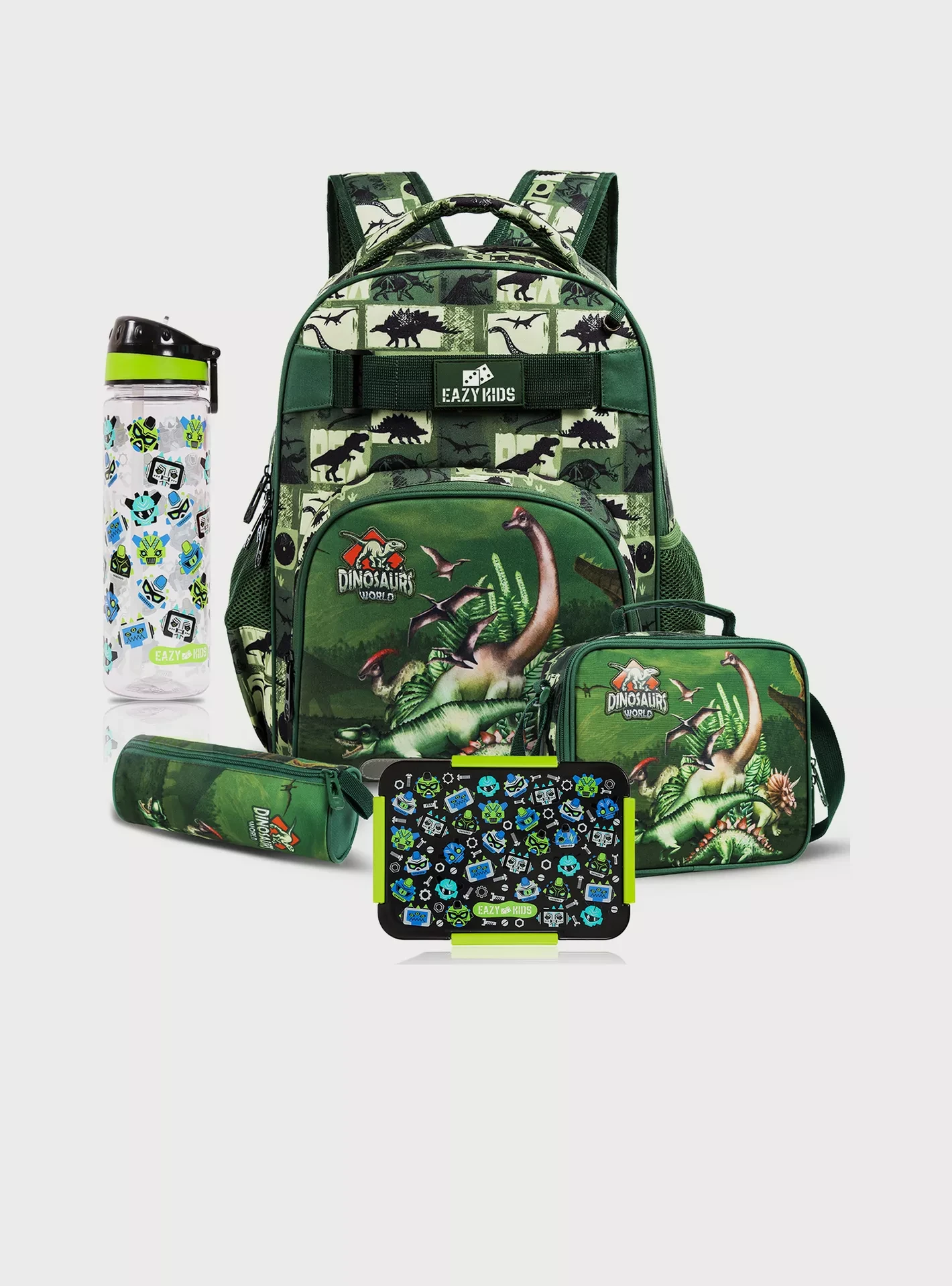 Kids School Bag Combo Set of 5 Dinosaur - Grey Black