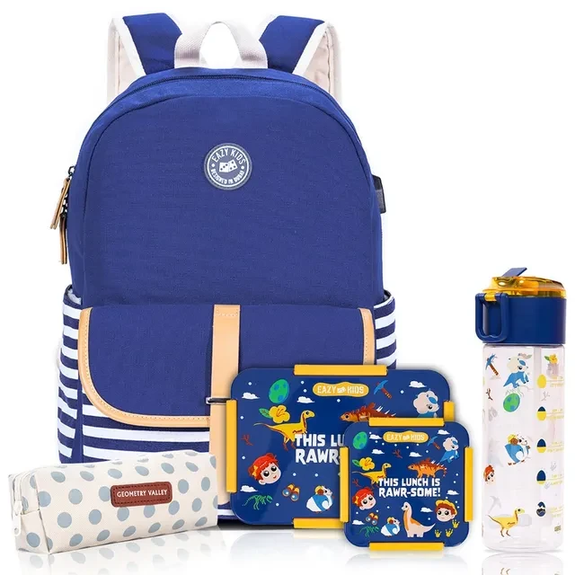 Kids School Bag Combo Set of 5 Dinosaur - Blue