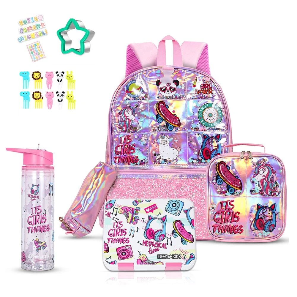 School Bag, Bento Box, Glitter 550ml Water Bottle, Lunch Bag, Pencil Case