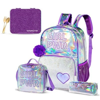 18" School Bag, Glitter Bento Box, Lunch Bag, Pencil Case, Set of 4