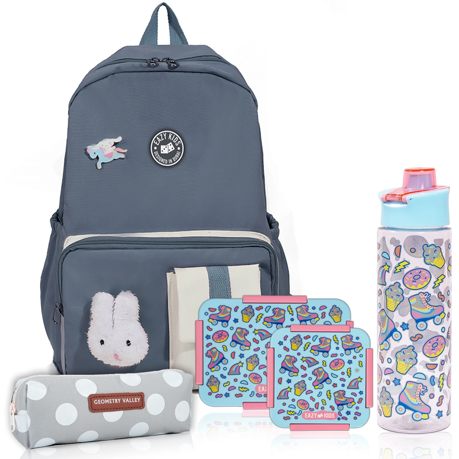 Kids School Bag Combo Set of 5 Skater - Blue Grey