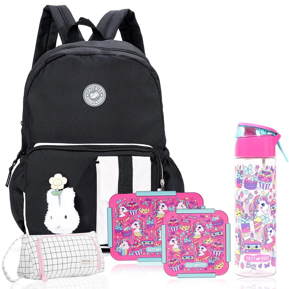 Kids School Bag Combo Set of 5 Unicorn - Pink Black