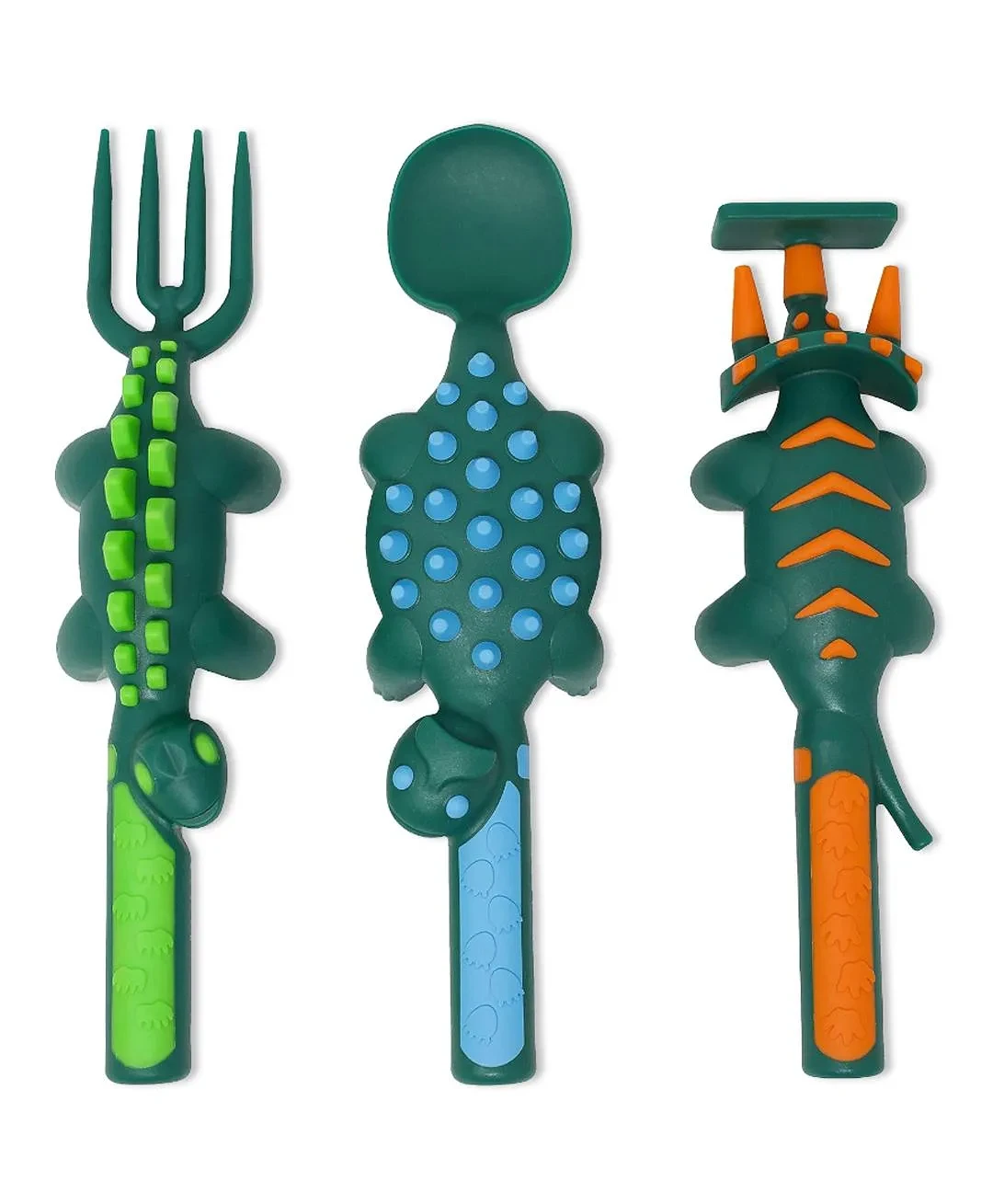 Spoon, Fork & Pusher - Dark Green, Dinosaur, 3Pcs