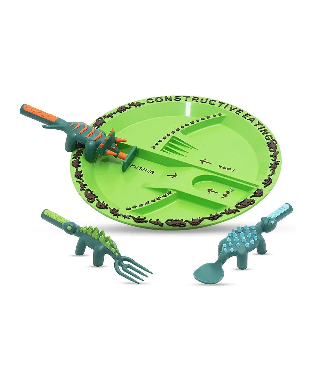 Eating Plate w/ Spoon, Fork & Pusher - Dinosaur