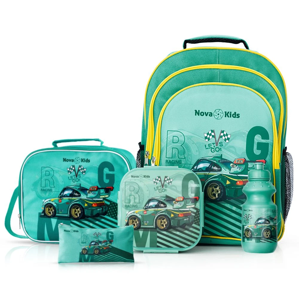Nova Kids Trolley School Bag Set of 5 - 16 Inch - Car Racing - Green