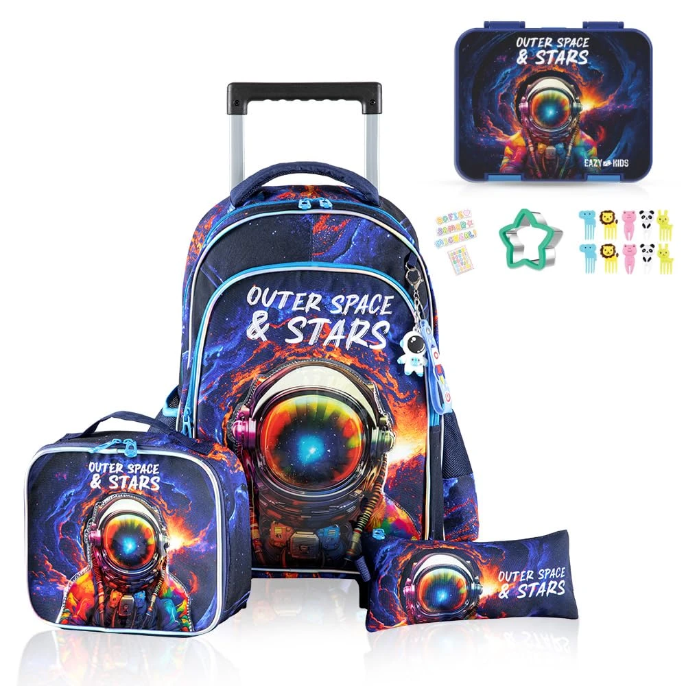 18Inch Set of 4 Trolley School Bag with Bento Lunch Box, Lunch Bag and Pencil Ca