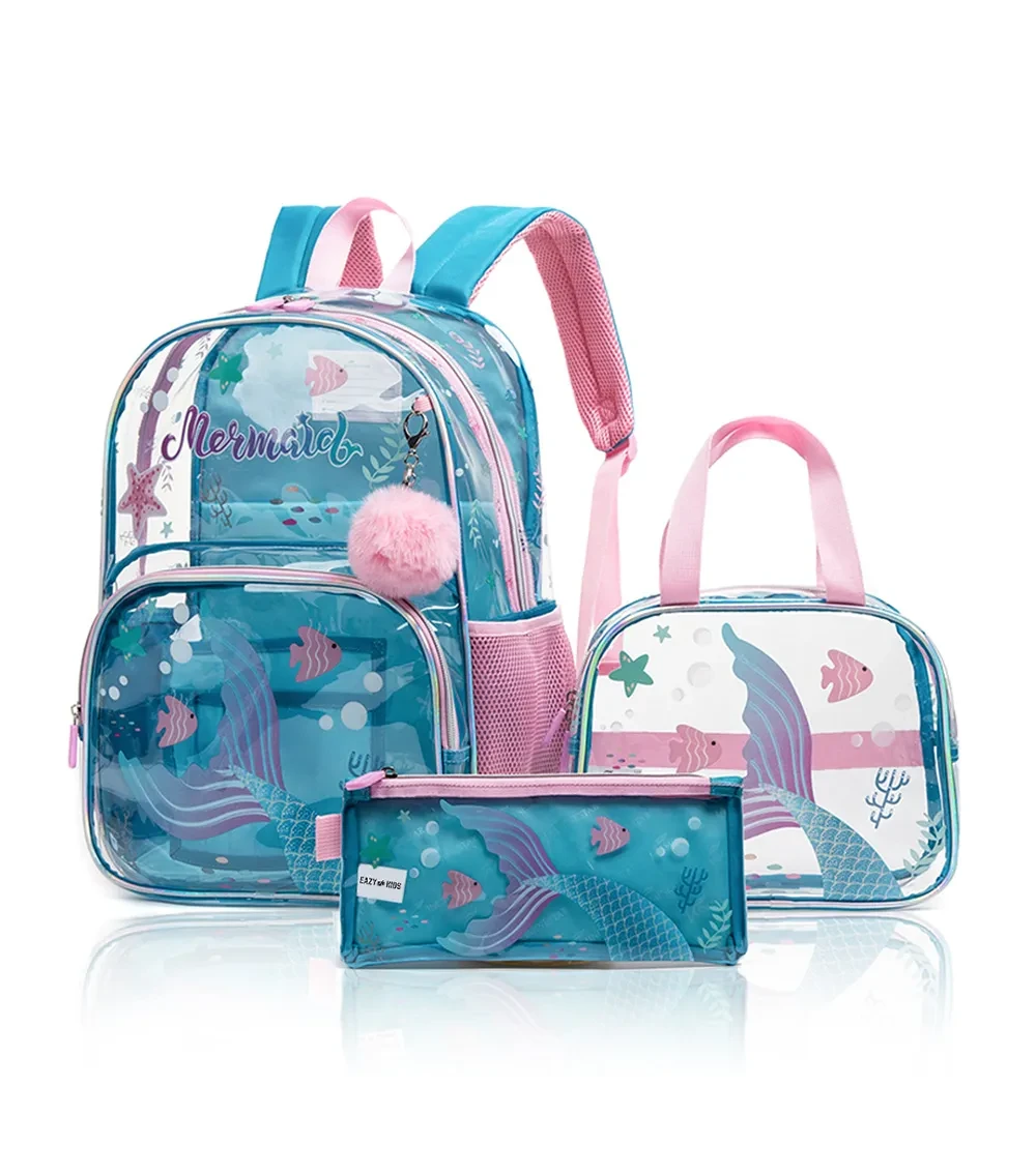 17 Inch Set of 3 School Bag with Lunch Bag and Pencil Case Mermaid-Blue