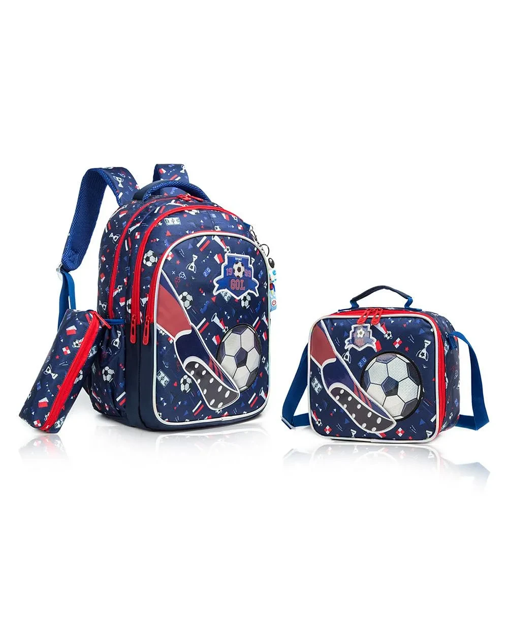 17 Inch Set of 3 School Bag with Lunch Bag and Pencil Case Football - B