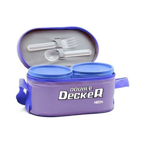 Plastic Double Decker Lunch Box, (2 round Container, 280ml each; 1 Oval C