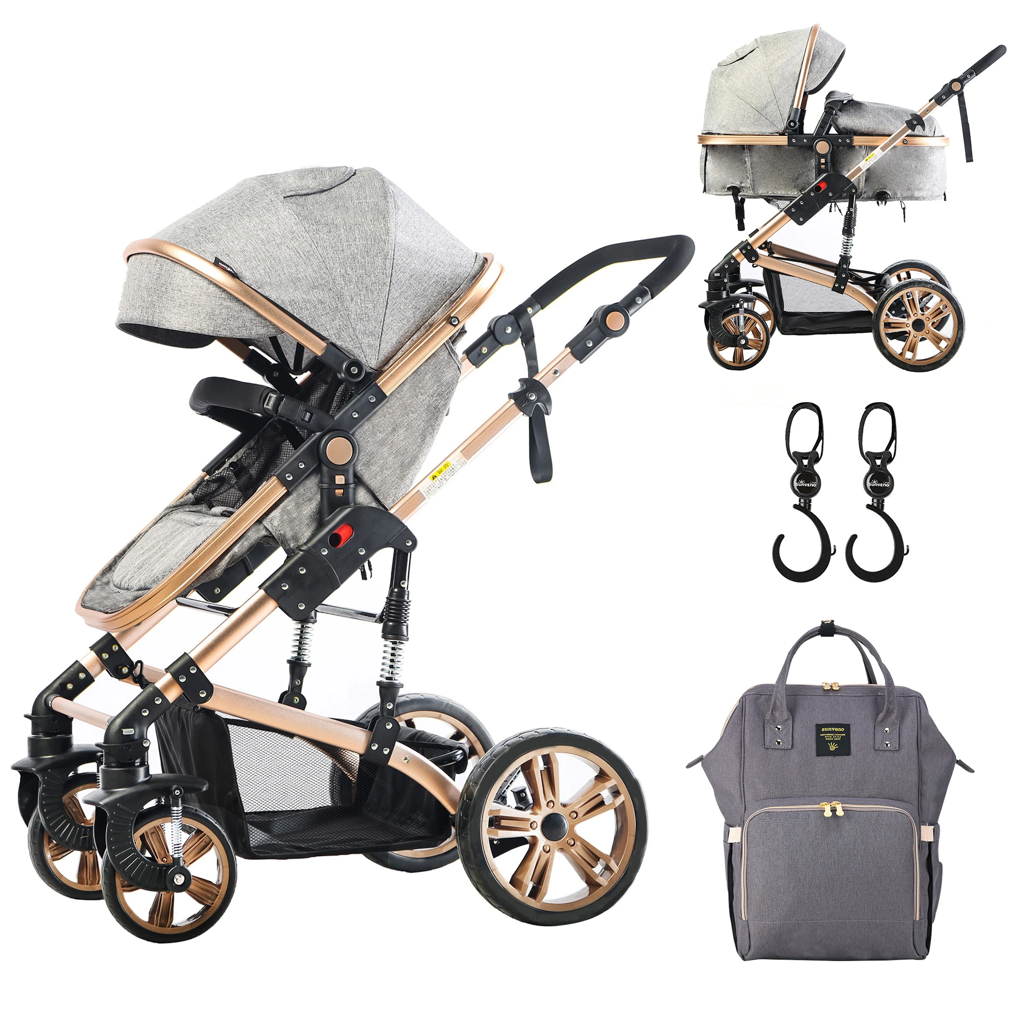 3 in 1 stroller - Grey + Diaper Bag - Grey + Hooks