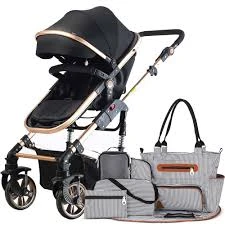 3 in 1 Pram Stroller and Diaper Bag Bundle - Black