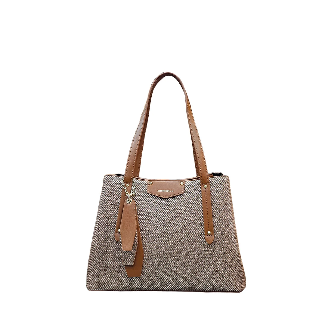 Chrisbella Beige & Brown Tweed Shoulder Bag – Elegant Women’s Tote