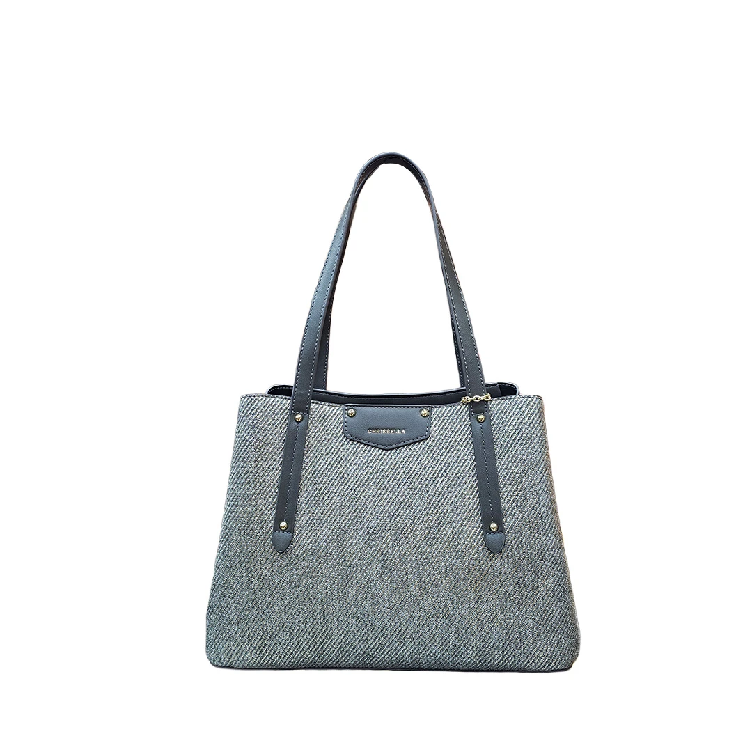 Chrisbella Textured Tweed Shoulder Bag – Grey & Navy Blue