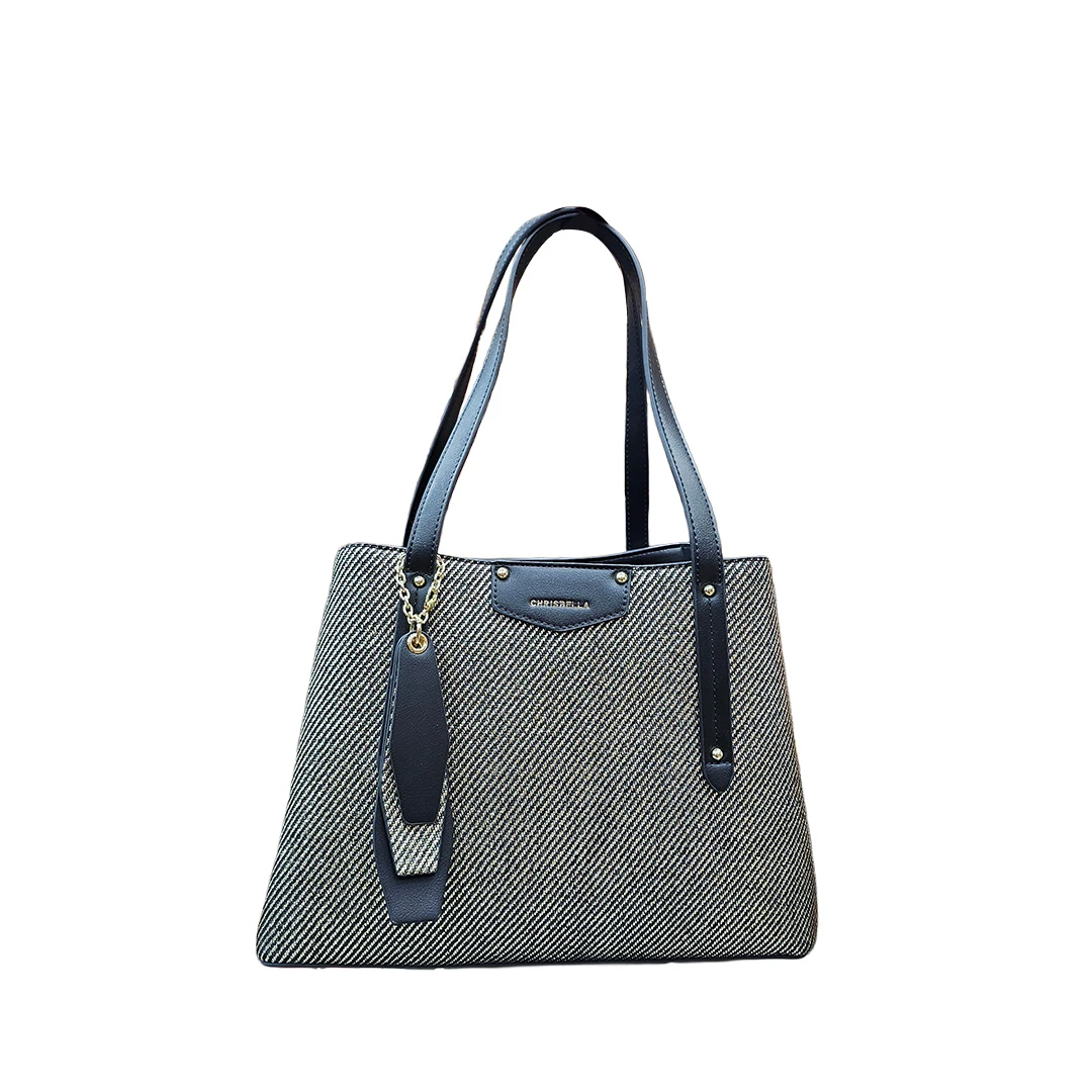 Chrisbella Elegant Tweed Shoulder Bag – Black & Grey Herringbone