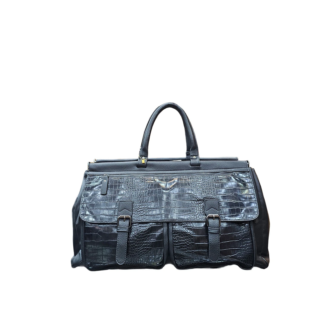 Chrisbella Croc-Textured Luxury Travel Duffel – Glossy Black