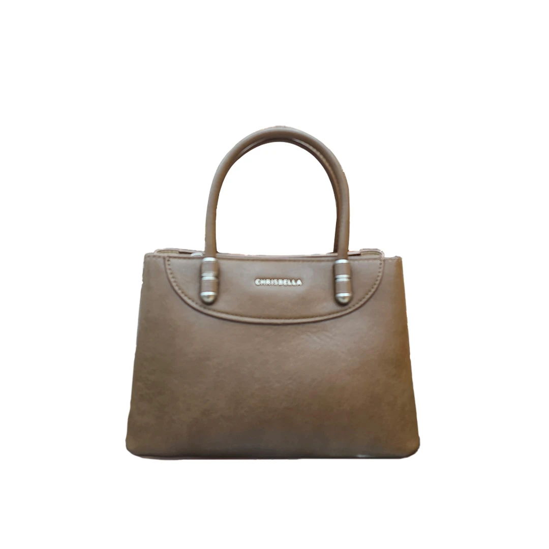 Chrisbella Classic Brown Faux Leather Tote Bag with Logo Accent
