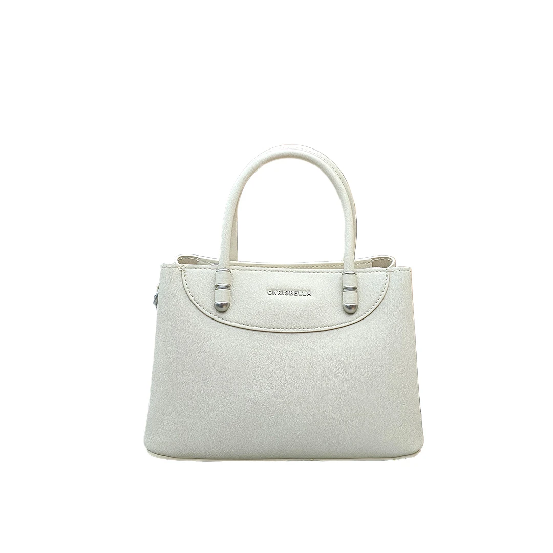 Chrisbella Classic White Faux Leather Tote Bag with Logo Accent