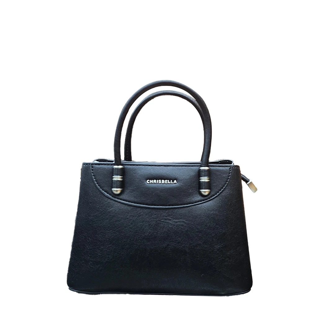 Chrisbella Classic Black Faux Leather Tote Bag with Logo Accent