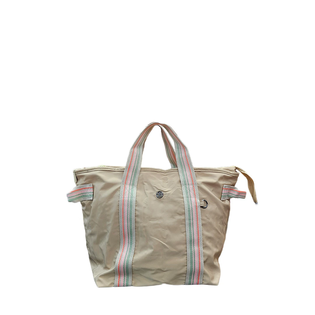 LUPOO Beige Nylon Tote Bag – Multicolor Webbed Handles