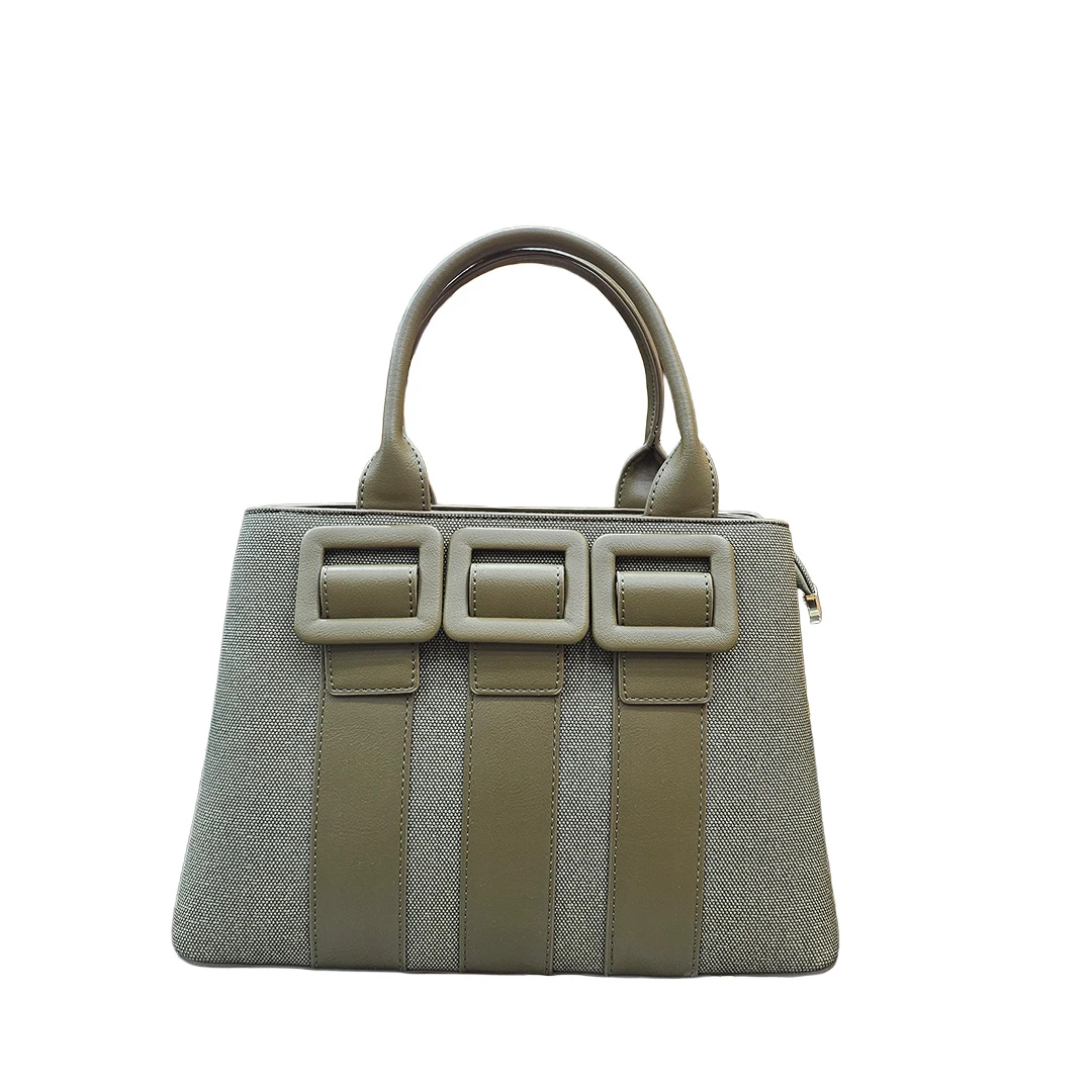 Chrisbella Olive Green Canvas & Faux Leather Buckle Tote Bag