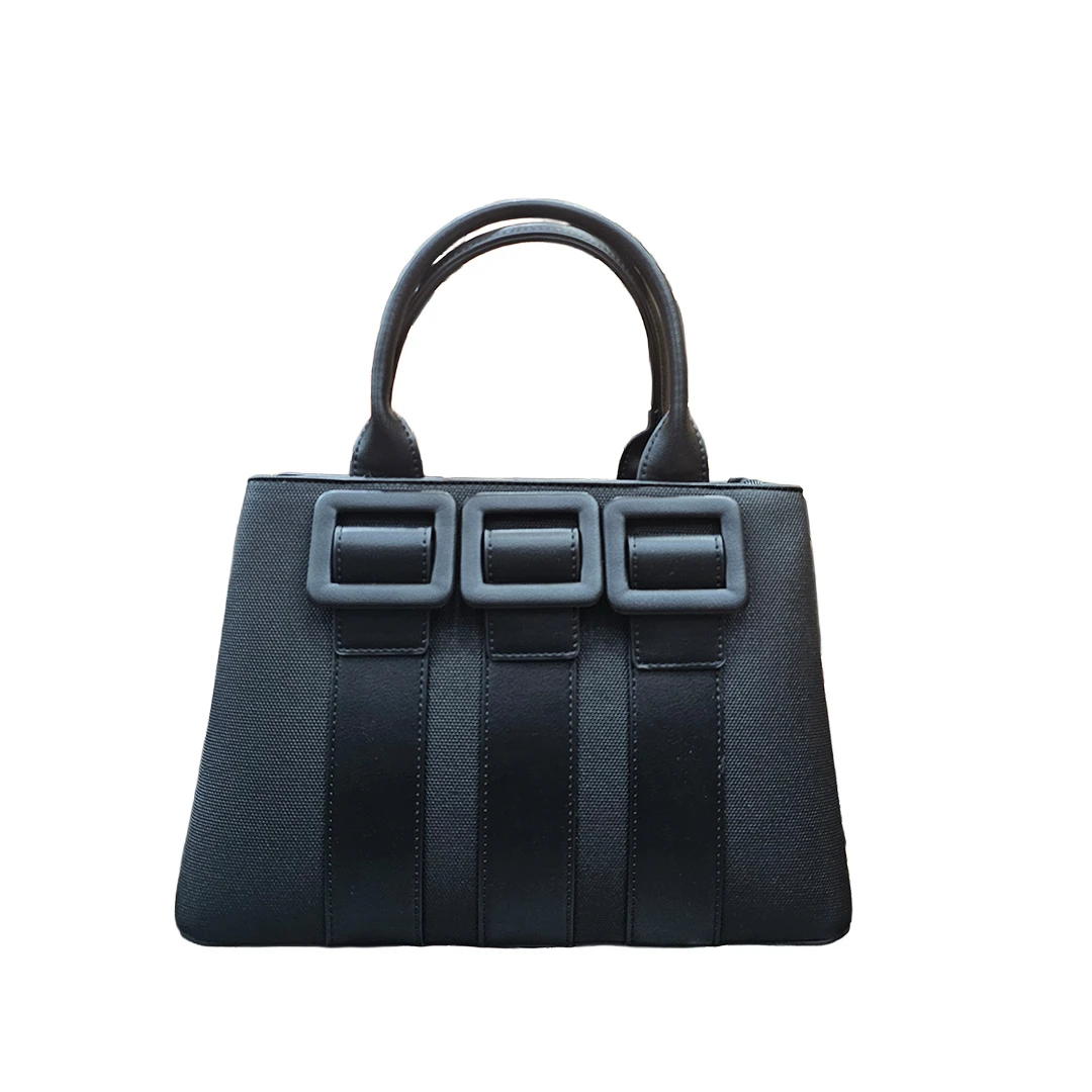 Chrisbella Black Canvas & Faux Leather Buckle Tote Bag