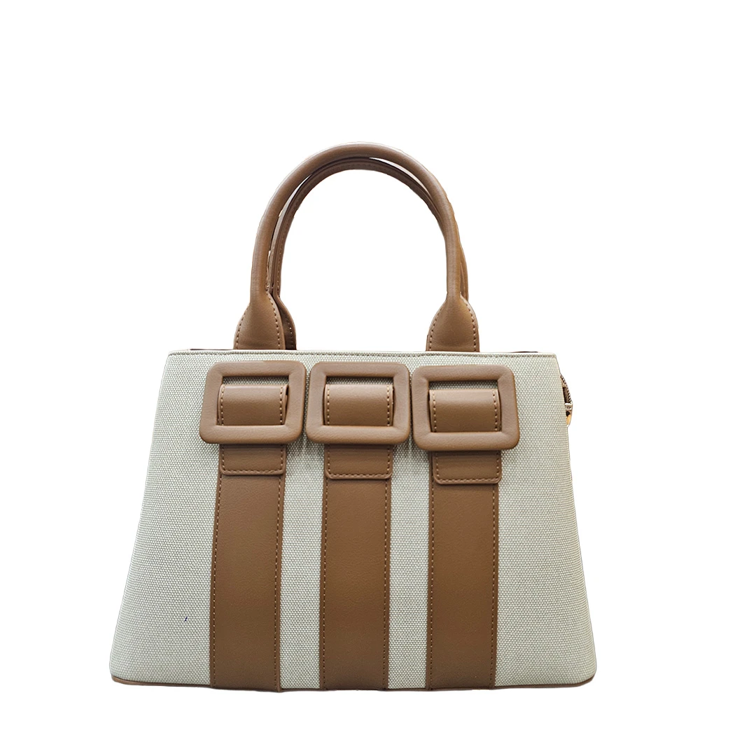 Chrisbella Beige & Brown Canvas Buckle Tote Bag